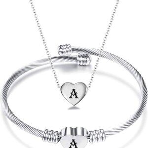 Heart Name Necklace and Bracelet Set Stainless Steel Mothers Day Gift